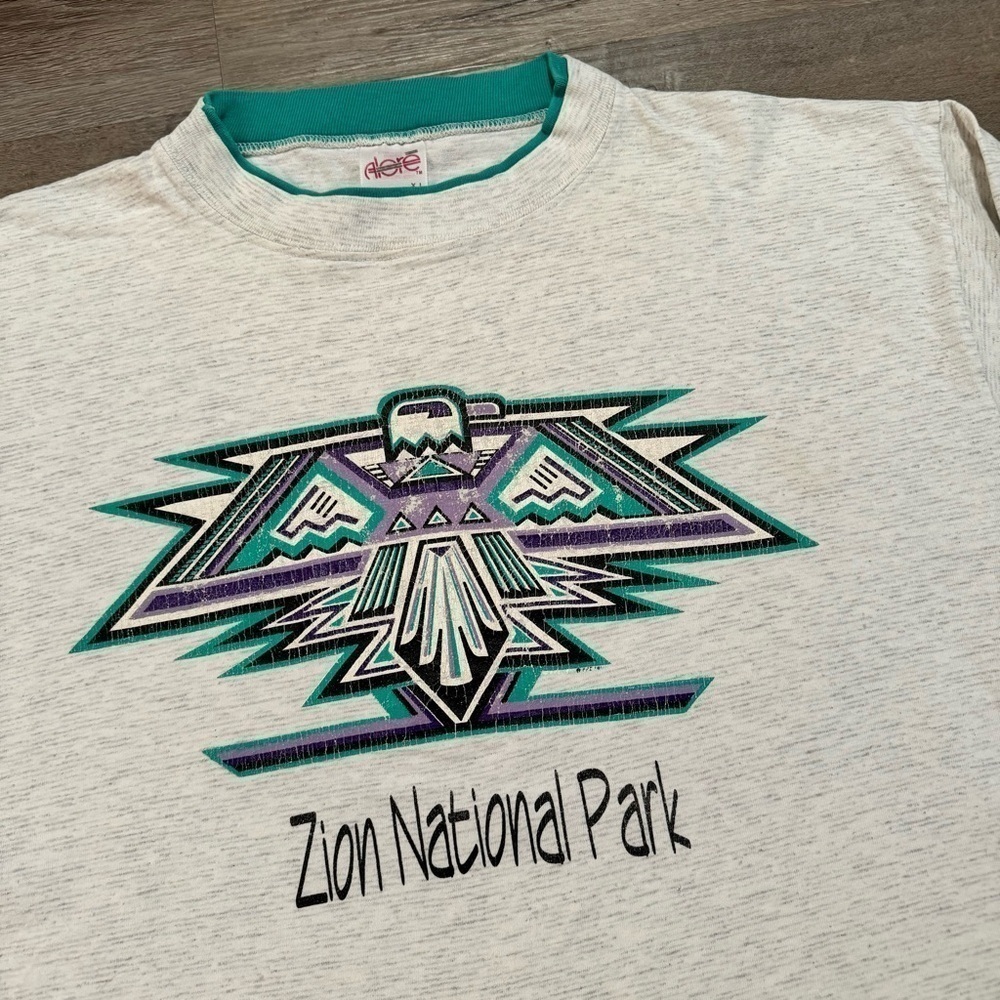Utah Zion National Park gray and teal green ringer t-shirt single stitch XL - Picture 2 of 9